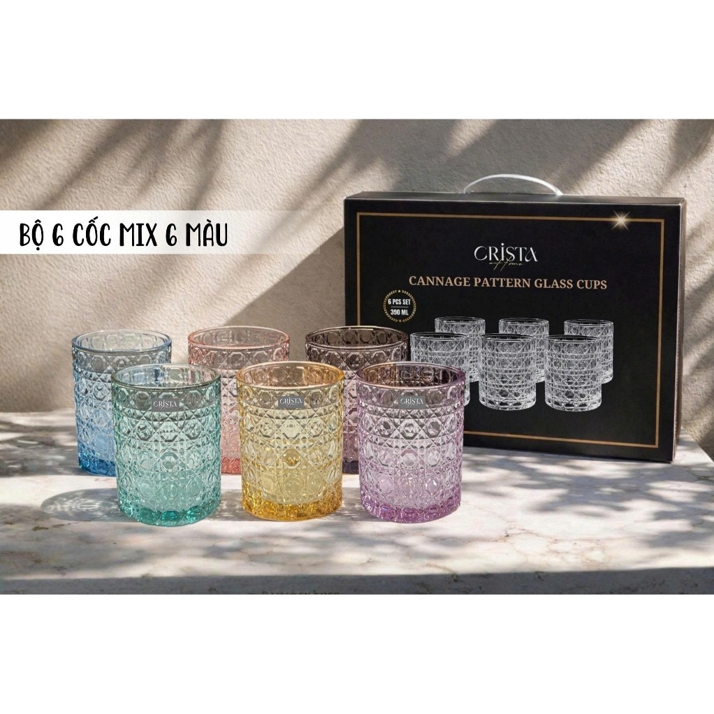BỘ 6 CỐC THỦY TINH VÂN PHA LÊ NỔI 390ML CRISTA HOME -  60253