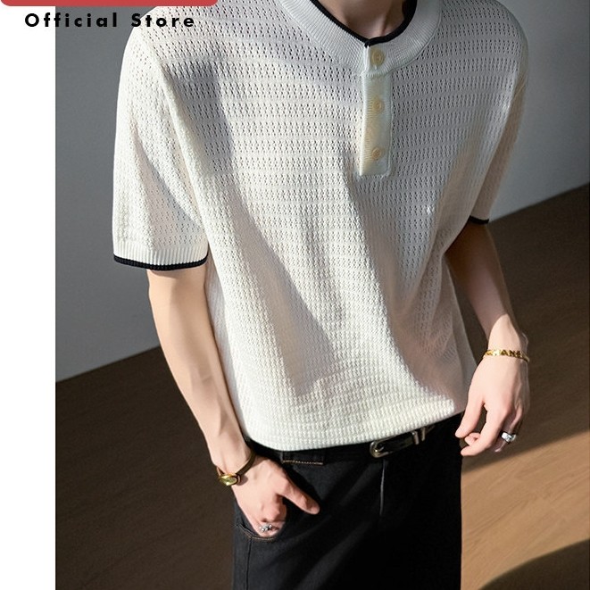 Hình ảnh mô hình áo thun nam mùa hè ~ Ice Sense Old Money Style Henry Collar Màu sắc phù hợp với tay