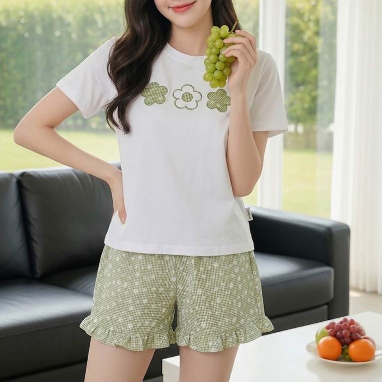 6BCN03 Đồ bộ mặc nhà nữ CARDINA chất cotton áo cổ tròn tay cộc và quần đùi 6BCN03