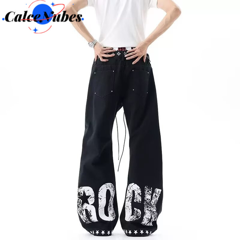 CN Nam Nữ retro Phong Cách Đường Phố Cao Cấp Đinh Tán In Chữ Quần Jean Chân Thẳng