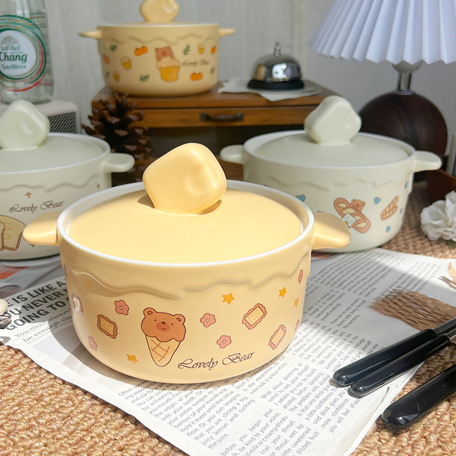 Dễ Thương Đôi Tai Gốm Mì Ăn Liền Bát Bộ Đồ Ăn Bé Gái Mì Ăn Liền Bát Salad Có Nắp Thìa Ký Túc Xá Hộ G