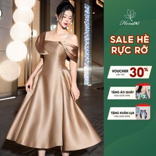 Đầm dạ hội HeraDG thiết kế dáng ôm xòe 2 dây đá trang trí vai trễ phối lụa, chất tafta cao cấp WDHBC3005