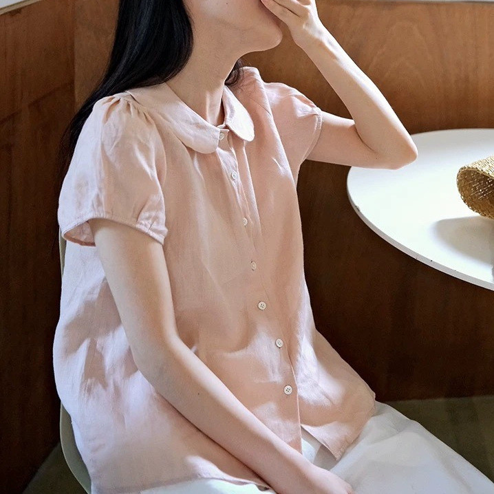 Grapefruit pink, flattering, cute and sweet Peter Pan collar linen short-sleeve shirt top
