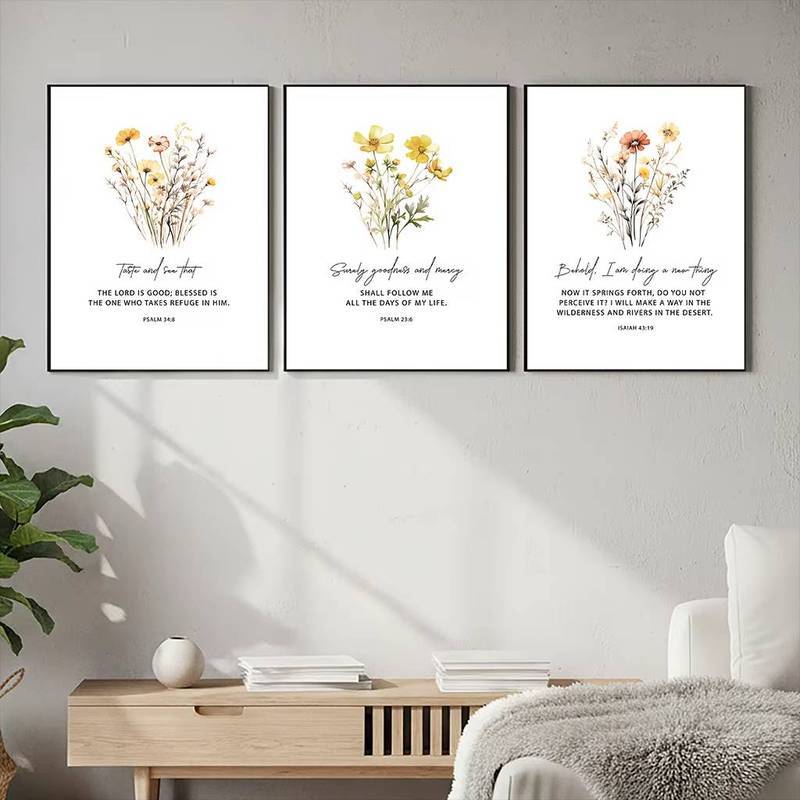 Christian Bible Verse Wall Art, Motivational Quote Flower Canvas Painting _ Minimalist Poster for Li