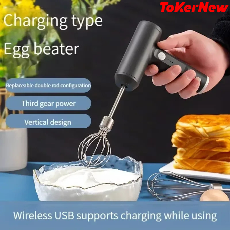 ToKerNew Portable 3-Speed Wireless Electric Hand Mixer, Egg Beater for Baking Dough, Cake, Cream Ble