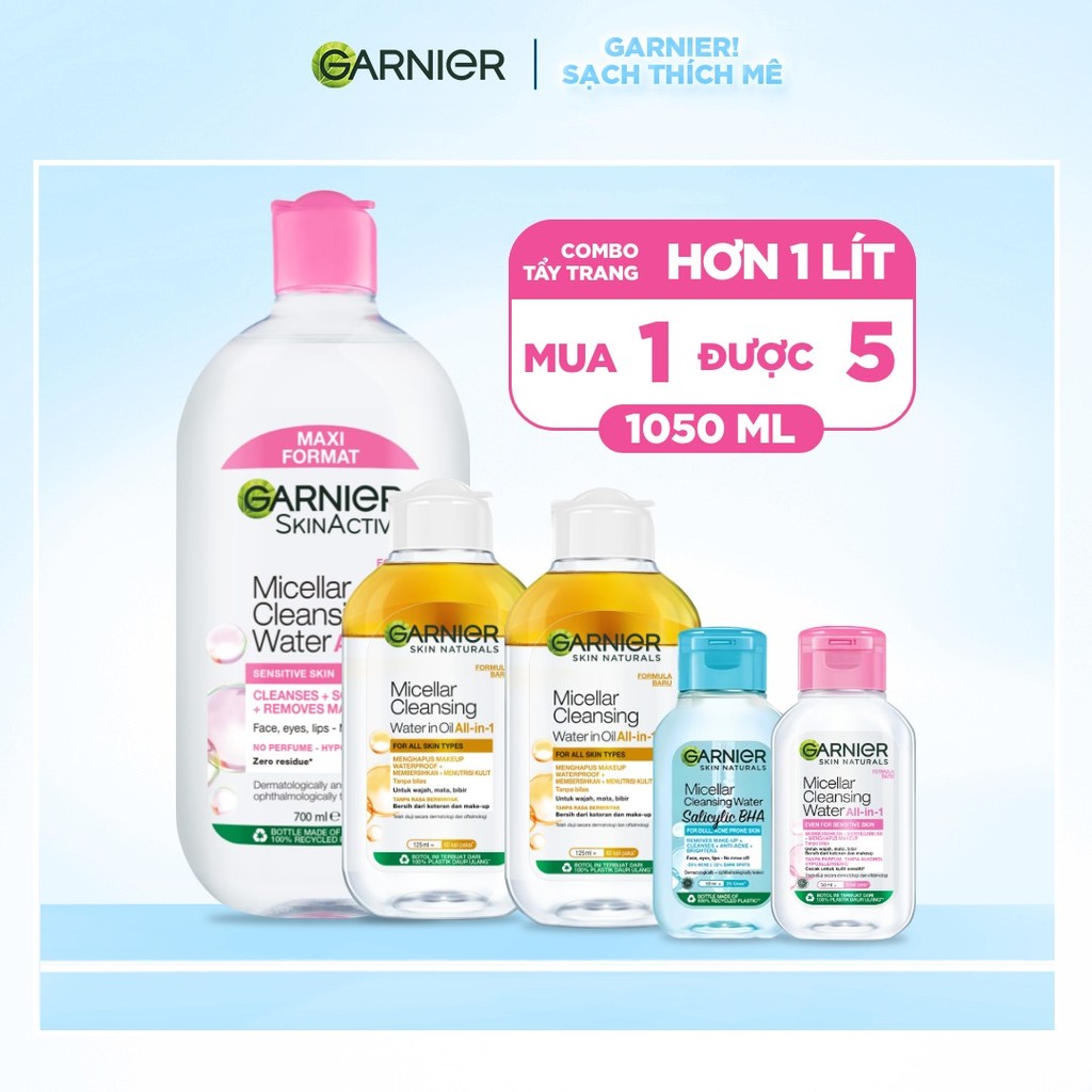 Bộ 1 LÍT Nước Tẩy Trang làm sạch sâu dịu nhẹ cho mọi loại da- Garnier Micellar Cleansing Water