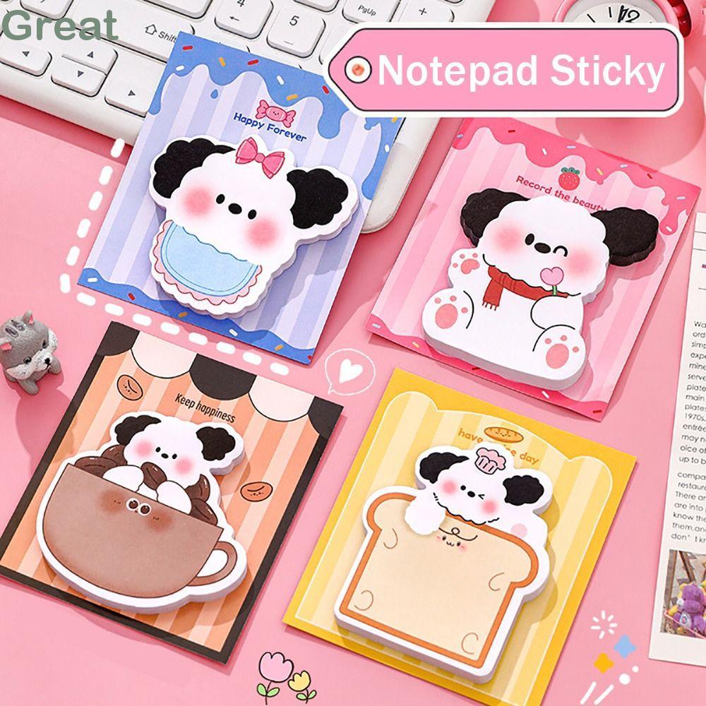 GREAT 30 tờ Notepad, Giấy ghi chú dính hoạt hình Puppy, Giấy ghi nhớ văn phòng phẩm di động