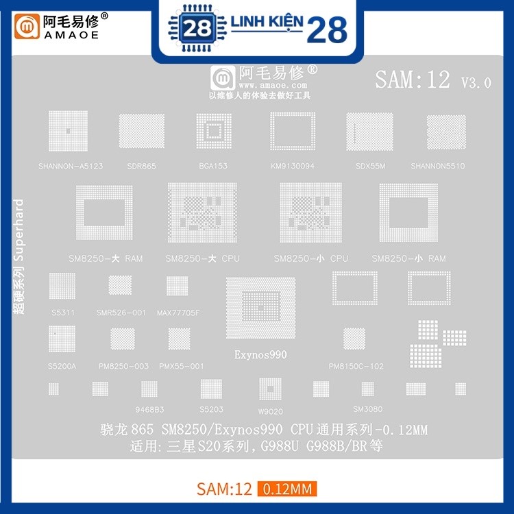 Vỉ SAM12 hỗ trợ làm chân S20/ S20 Ultra chip Exynos 990 SM8250 SDM865 Note20/ Note 20 Ultra. linhkie