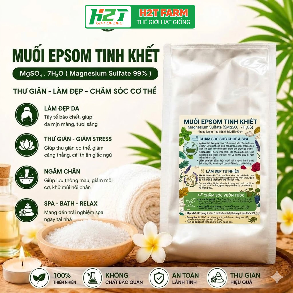 Muối Epsom Salt Pháp, MgSO4 99%, Dạng Hạt Tinh Thể, Tinh Khiết Dùng Trong Spa, Ngâm Tay Chân, Tắm 50
