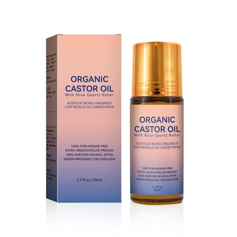 OrganicCastorOilRoll-OnwithRoseQuartz, 100% PureCold-Pressed & Unrefined, Hexane-Free, For, Eyebrows