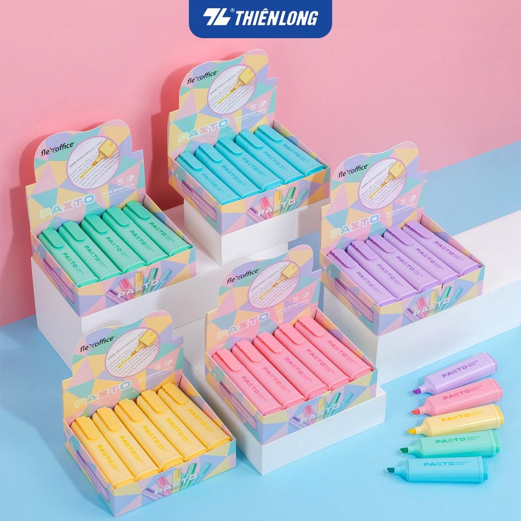 Combo 5 Bút dạ quang màu Pastel Thiên Long Flexoffice Pazto FO-HL009/VN - Rửa được - Không để lại vế