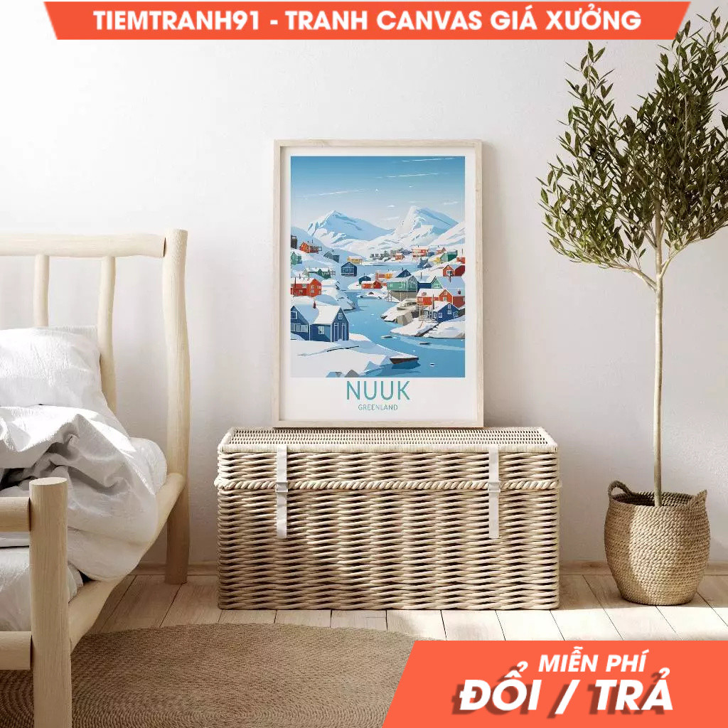 Tranh treo tường, Nuuk Greenland Travel Poster Wall Art, Home Decor, tặng kèm đinh treo, in theo yêu