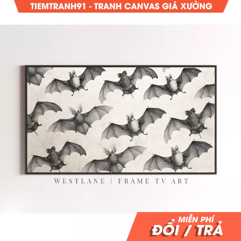 Tranh treo tường, Halloween  Frame TV Art  Vintage Bat Sketch Art  Gothic TVH10, tặng kèm đinh treo.