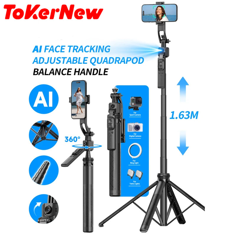 ToKerNew AI Smart Gimbal Tripod Selfie Stick Foldable 360° Auto Follow-Up Face Tracking Gimbal All-i