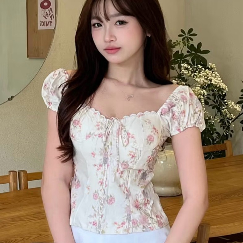 Áo Babydoll Nữ Vải Thô Linen Kiểu Tay Phồng Phối Nơ Ngực Tiểu Thư Mùa Hè Fashion86 Ma380