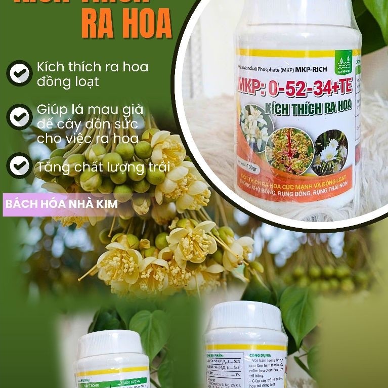 MKP 0-52-34 + TE hủ 100g - Kích thích ra hoa cực mạnh và đồng loạt, chống khô bông, rụng trái non