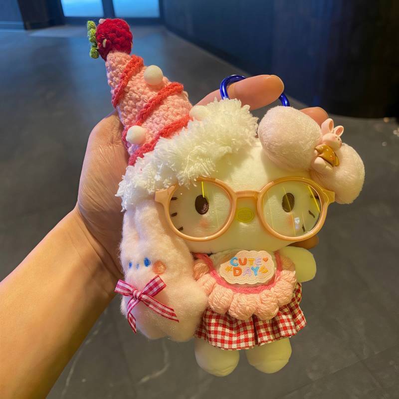 Pink Glasses Birthday Hat Kitty Package Pendant Girl's Heart Plush Doll Doll Keychain Girlfriends Bi