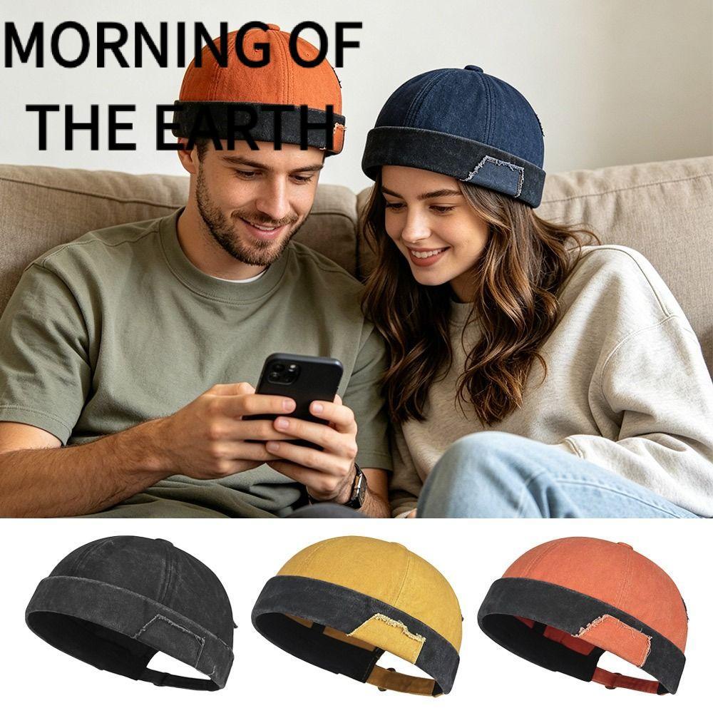 MORNING OF THE Brimless Docker Cap, Hip Hop Washed Denim Beanie Street Hat, Thời Trang Màu Trơn Có T