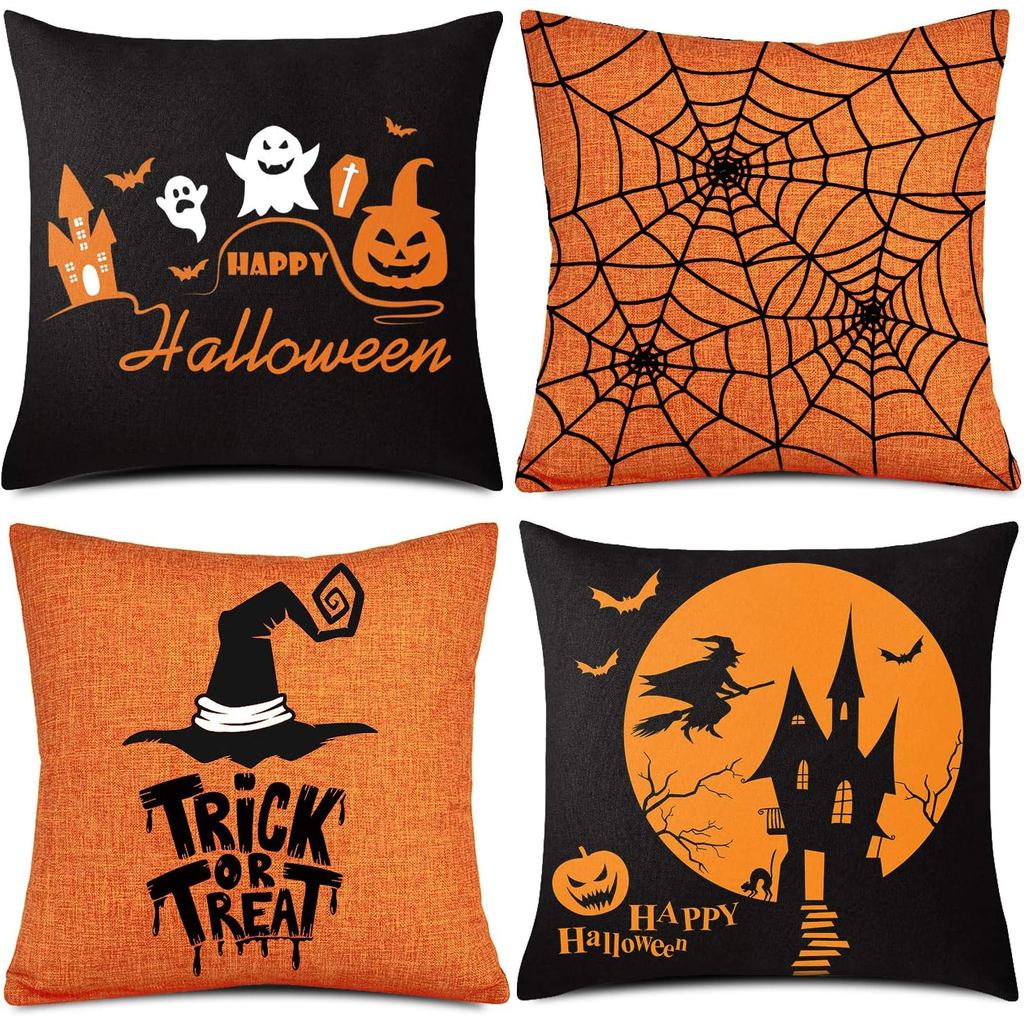Vỏ gối Whaline 4 miếng Halloween, Vỏ gối màu cam và đen, Happy Halloween Linen Sofa Bed Throw Cushio