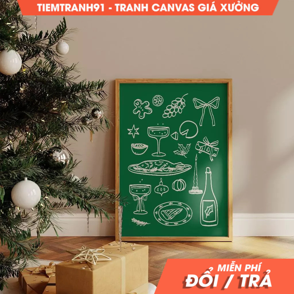 Tranh treo tường, Retro Christmas Dinner Table Christmas Bar Cart Green Christmas Food & Drinks, tặn
