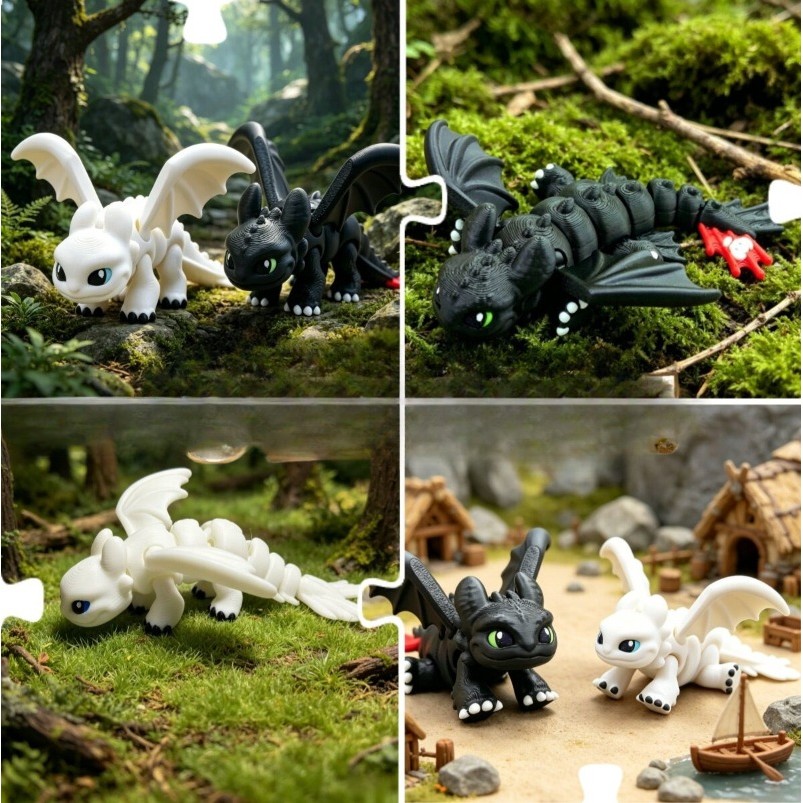 Posable Night Fury & Light Fury Dragon Model, Đồ chơi trang trí bàn in 3D