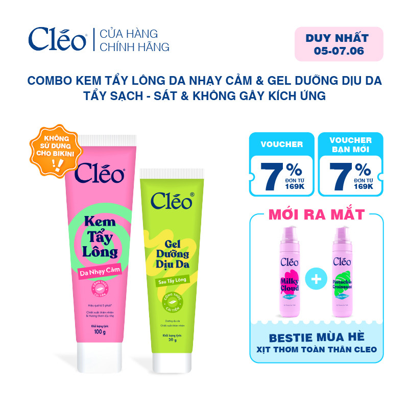 Combo Kem Tẩy Lông Nách, Tẩy Lông Tay Chân Cleo 100g & Gel dưỡng dịu da 20g
