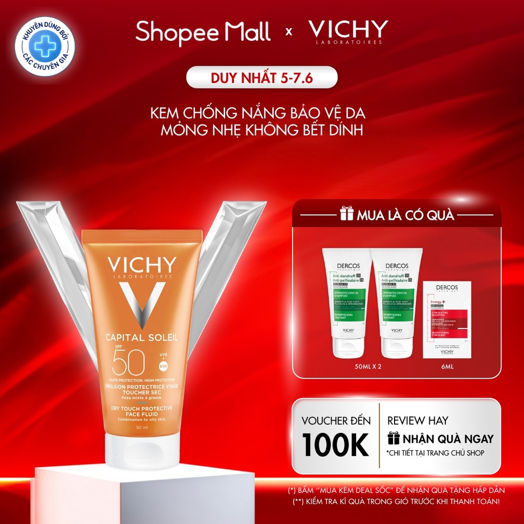 Kem chống nắng bảo vệ da mỏng nhẹ không bết dính SPF 50+ UVA & UVB Vichy Capital Soleil Dry Touch