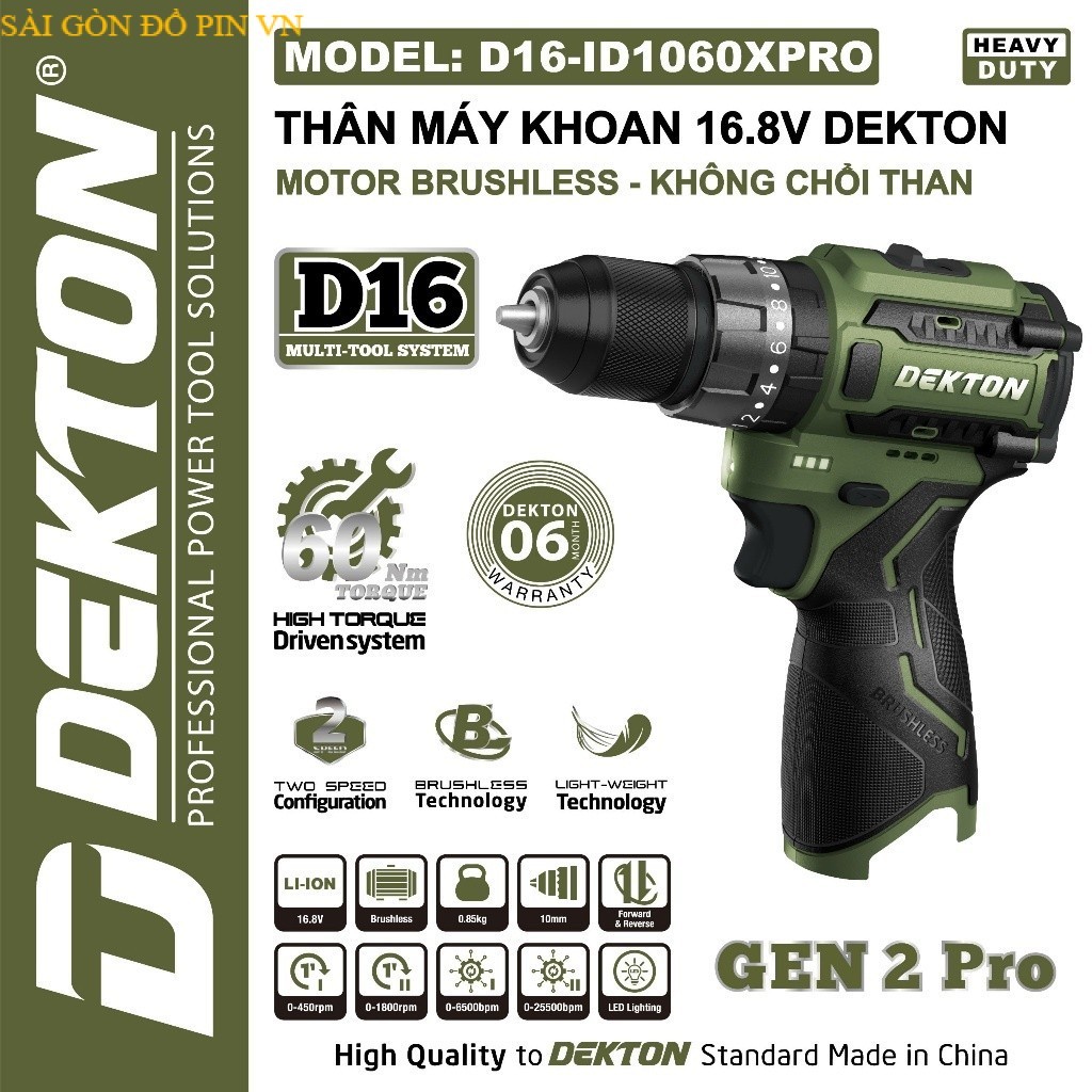 Máy khoan pin DEKTON Gen 2 Pro D16-ID1060XPRO, Không chổi than 60Nm, 3 Chức năng SAIGONDOPNVN