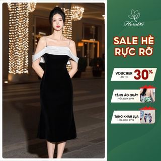 Đầm dạ hội HeraDG thiết kế 2 dây đính đá phối lụa trễ vai, chất nhung cao cấp mềm mại WDHBC3012