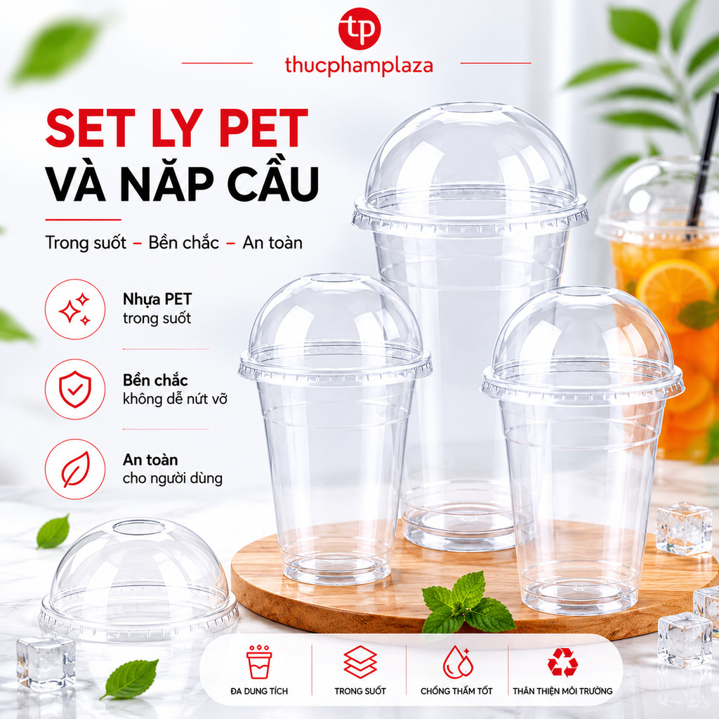 Set Ly PET Và Nắp Cầu 400ml 500ml 700ml Tiện Lợi An Toàn Vệ Sinh