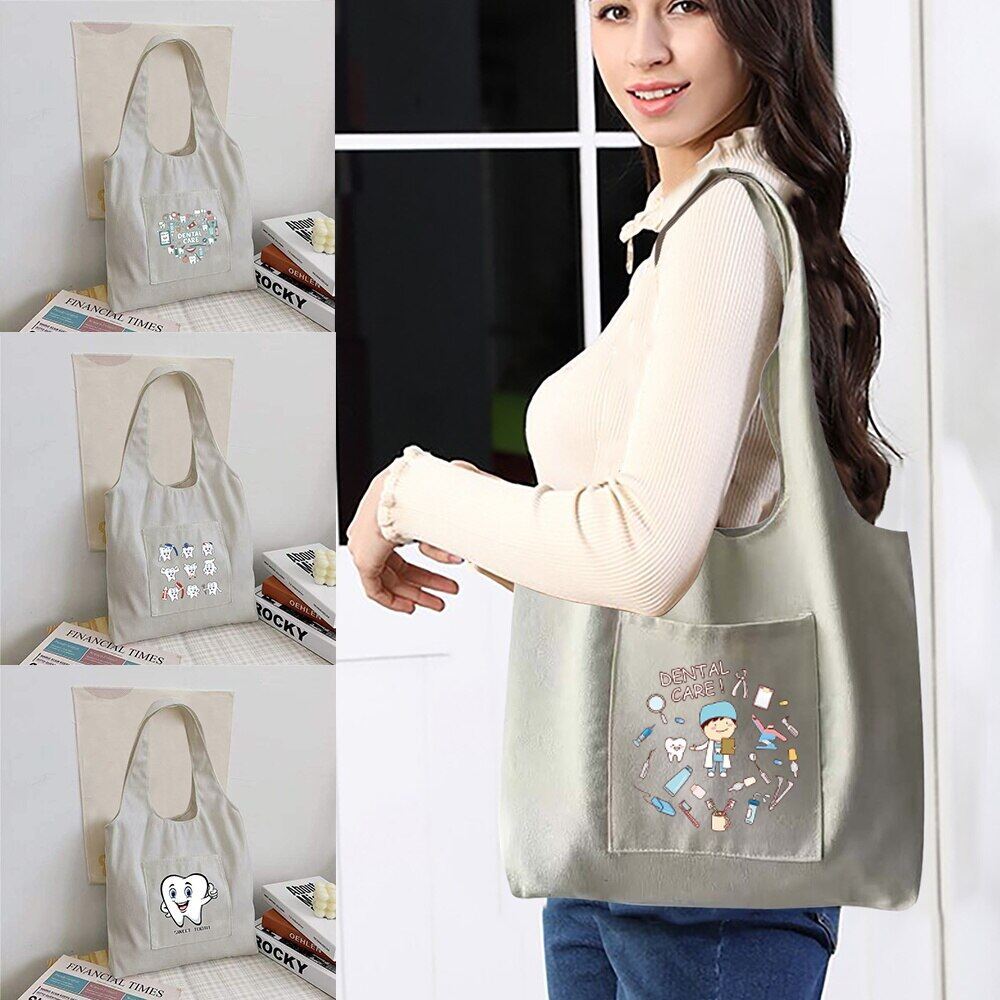 Women Shopper Organizer Bag Canvas Tote Bag Fashion Teeth Print Supermarket Tote Shopping Bag Casual