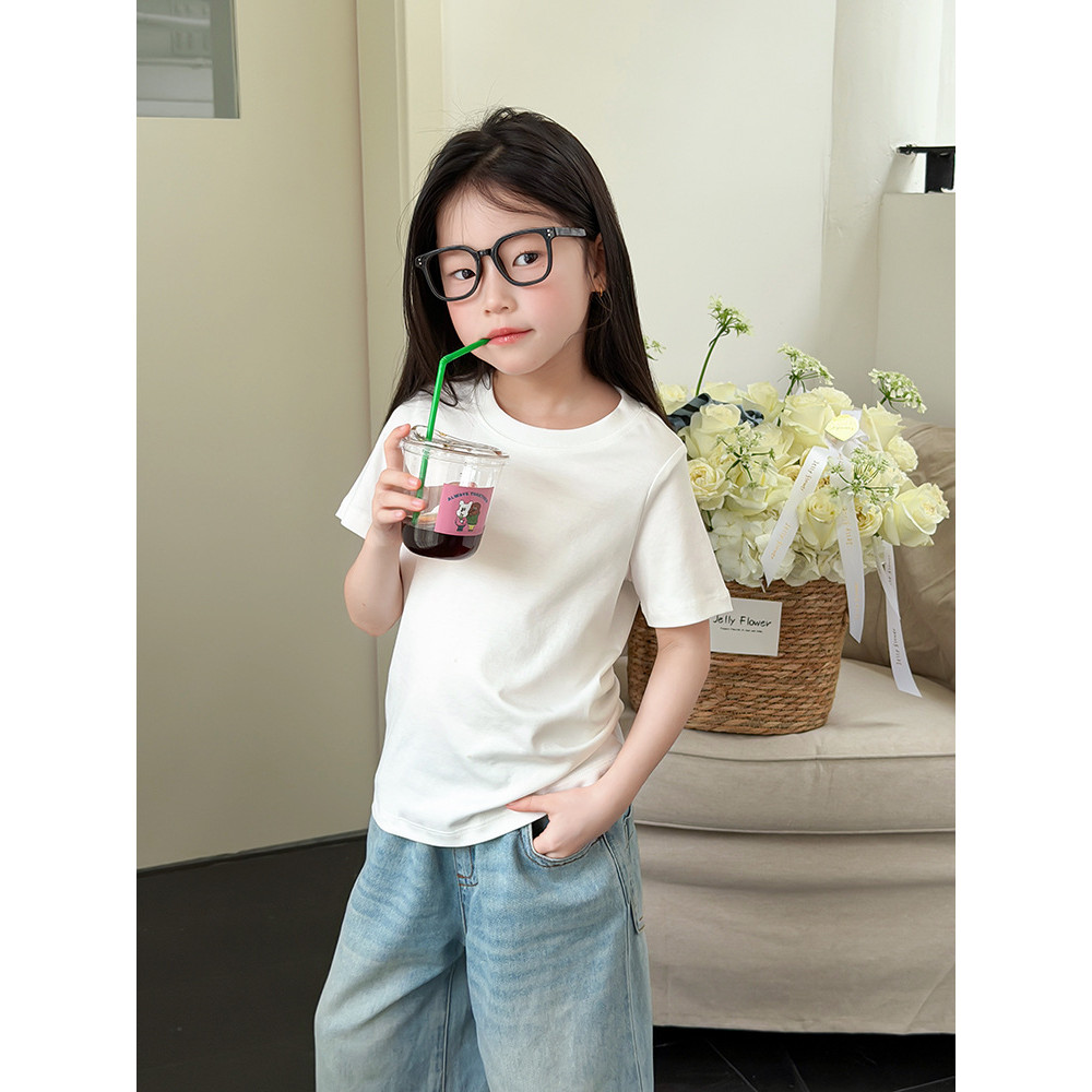 BEIFU BEIFU Quần Áo Mùa Hè Trẻ Em Cotton Cơ Bản Áo Thun Ngắn Tay Bé Gái Phiên Bản Hàn Quốc Đơn Giản 