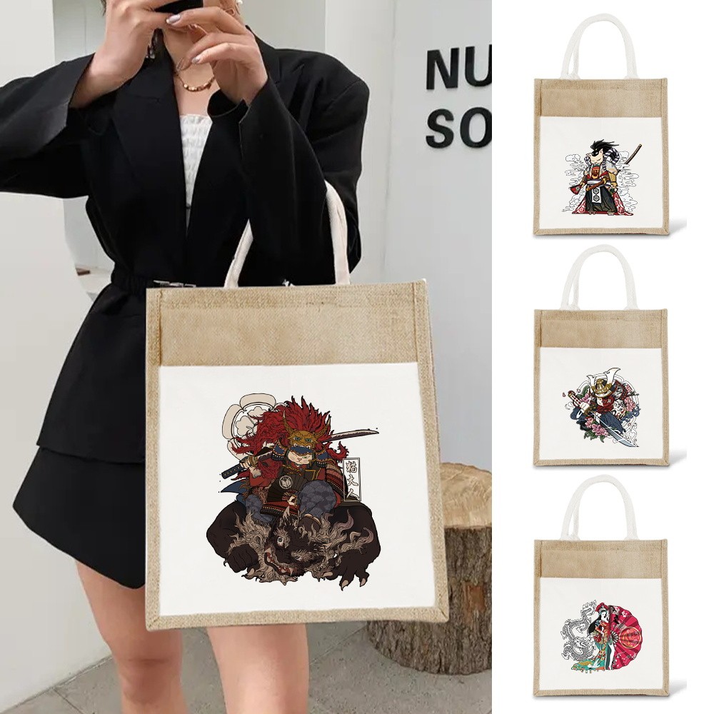 Jute Vintage Large Tote Bags Shopper Purses Beach bags Samurai PortableTop Handle Shopping Bags