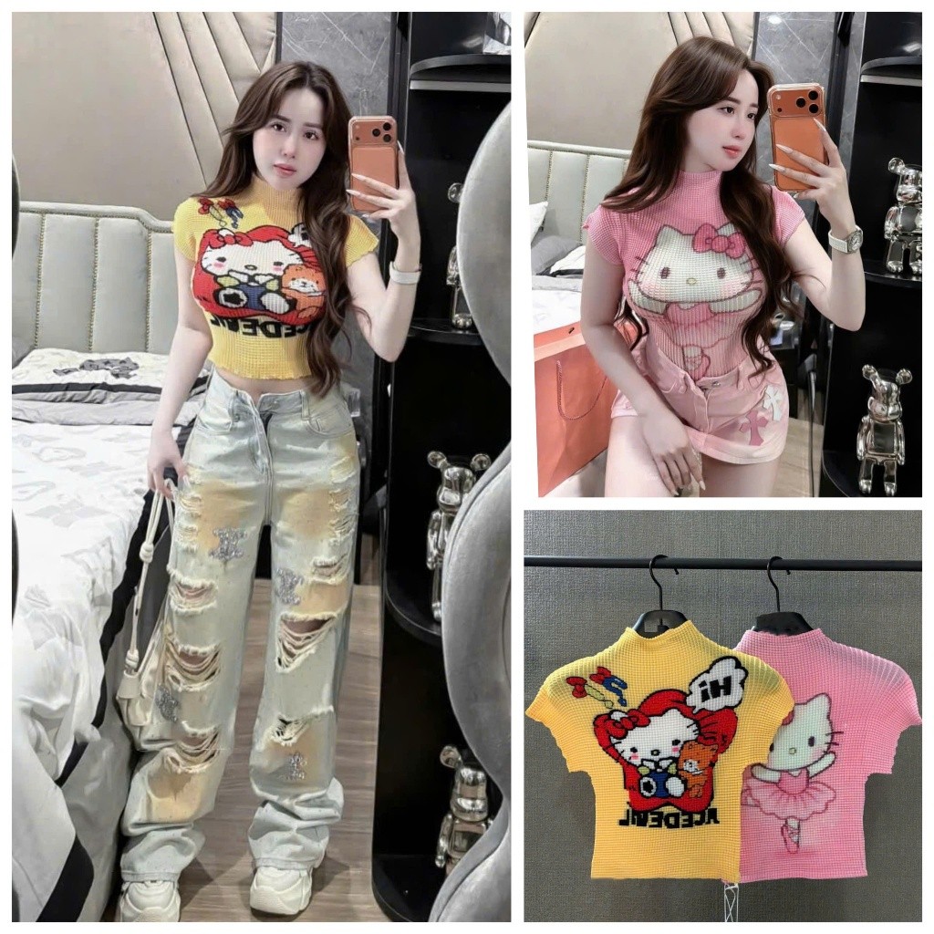 [Follow shop nhận mã 10k] Áo thun dệt họa tiết kitty cổ cao Meo Meo Shop AP1027