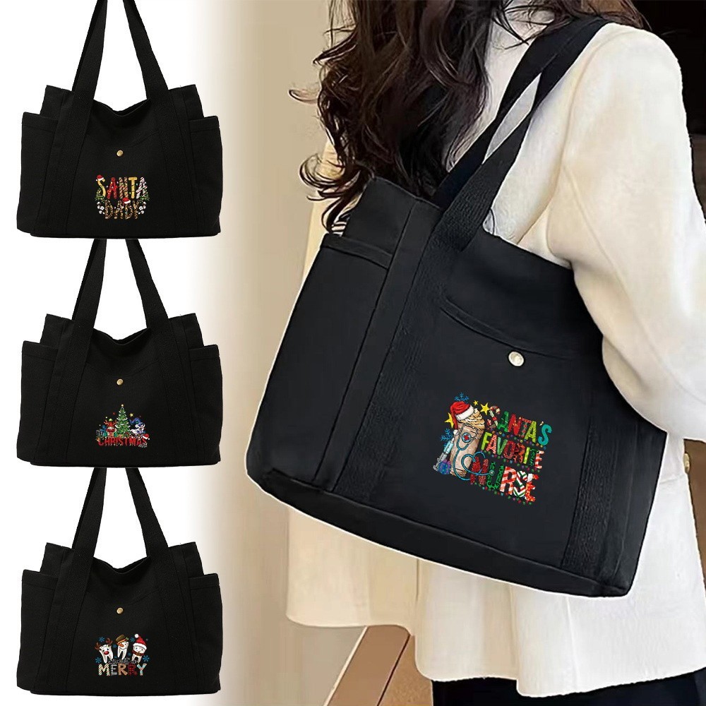 Black zipper bag Large Canvas Bag Large Handbag Zipper Shoulder Bag Casual Bag Christmas Series hot