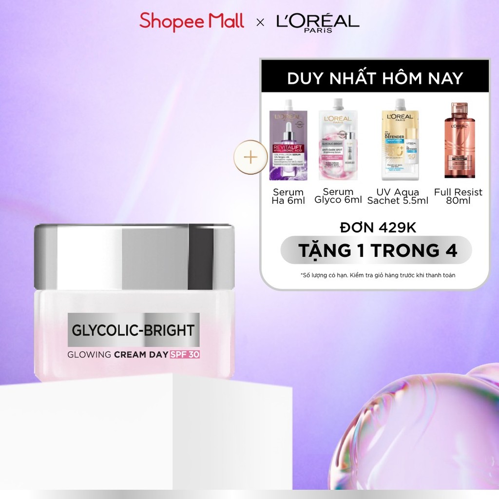 Kem dưỡng ban ngày dưỡng sáng mịn & mờ thâm nám L'Oreal Paris Glycolic (AHA) Bright [Glycolic + Niacinamide] SPF 30 50ml