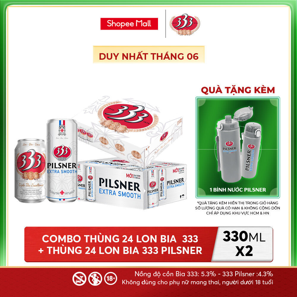 Nồng độ cồn 5.3% - Combo 1 Bia 333 24 Lon 330ml + Nồng Độ Cồn 4.3% - 1 Bia 333 Pilsner 24 Lon 330ml