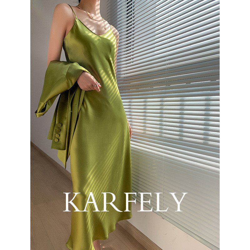 KARFELY / Đầm Satin Nhật Bản Cổ Chữ v Acetate Sling Đầm Acetate Thanh Lịch
