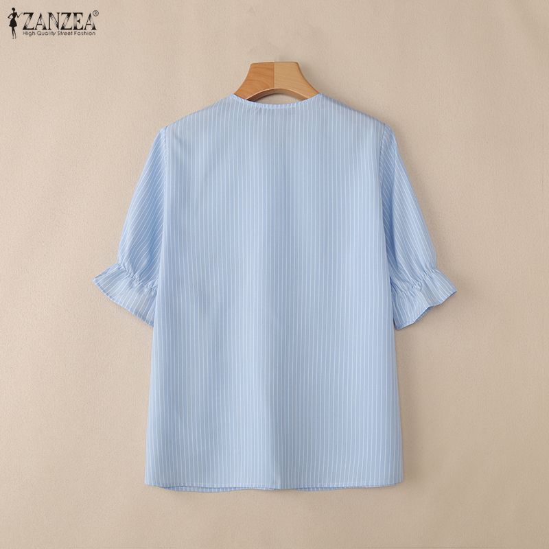 ZANZEA Nữ Hàn Quốc Sọc Màu Trơn 3D Hoa Cổ Tròn Tay Ngắn Rời H-Line Áo | BigBuy360 - bigbuy360.vn