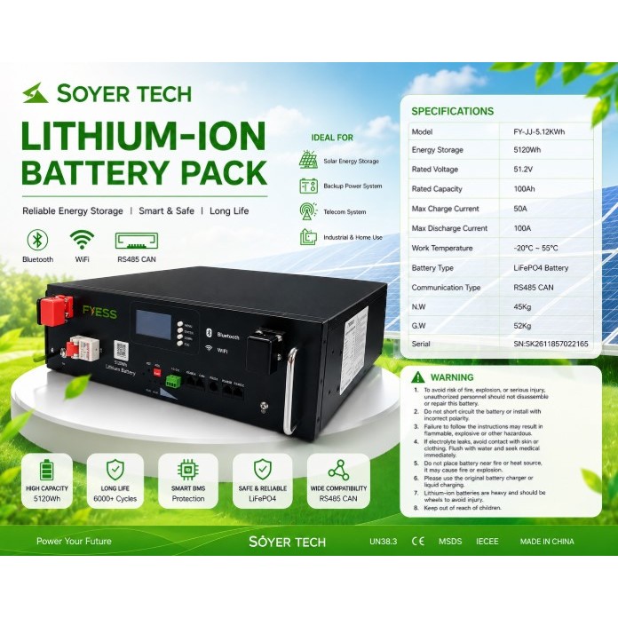 Pin lưu trữ Lithium Thương hiệu SOYER TECH model FYESS LiFePo4 51.2-100, 51.2V-100Ah-5.12Kwh-FYESS L