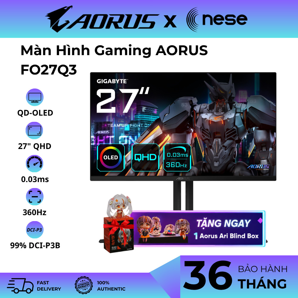 Màn Hình Gaming AORUS FO27Q3 27" QD-OLED QHD 360Hz 0.03ms 99% DCI-P3 USB-C | Loa 5W x2