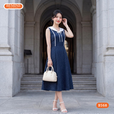 Đầm thiết kế BEMINE cổ thủy thủ sát nách viền ren dáng chữ A phù hợp đi chơi-B568