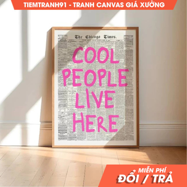 Tranh treo tường, Cool People Live Here Poster Retro Newspaper Affirmation Poster Pink Typography Ap