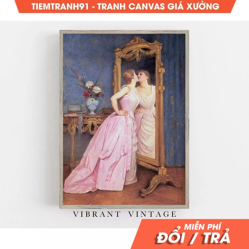 Tranh treo tường, Woman Looking in Mirror, Vintage Wall Art, Woman Portrait, Antique Wall Decor, tặn