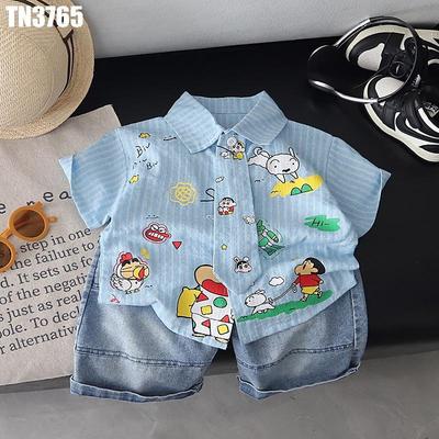Set Bộ Quần Áo Bé Trai Áo Sơ Mi Xanh Nhạt In Hình Hoạt Hình Phối Quần Short Denim MINTSCLOSET TN3765