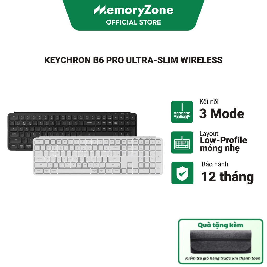 Bàn phím không dây Keychron B6 Pro Ultra-Slim Wireless - Low-Profile mỏng nhẹ, Kết nối 3 Mode, Pin t