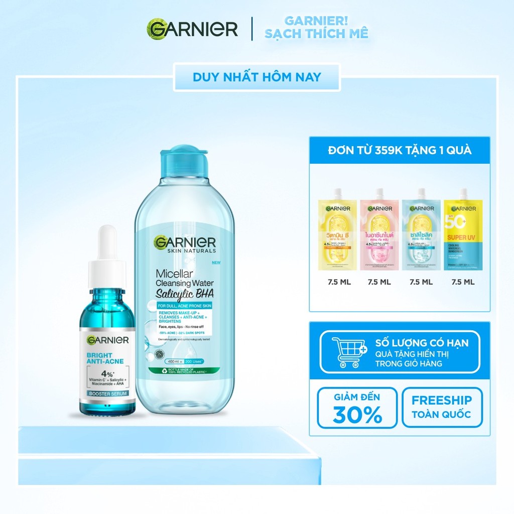 Bộ đôi dưỡng chất và nước tẩy trang làm sạch sâu, giảm mụn Garnier (mới)