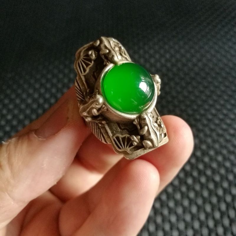 Bộ Sưu Tập Cổ Vintage Bạc Kẻ Sọc Chrysoprase Mã Não Nhẫn Miao Bạc Sống Nhẫn Guagualai Cai Nhẫn 6.8