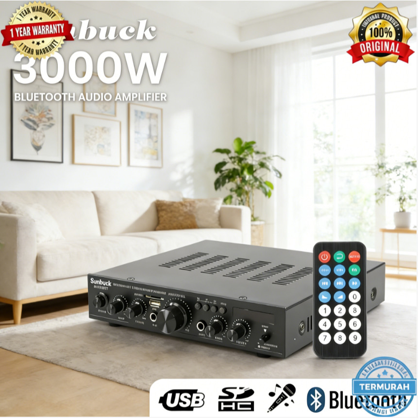Máy khuếch đại âm thanh karaoke gia đình Sunbuck 338ST 3000W, hỗ trợ Bluetooth 5.0, Equalizer 2 kênh