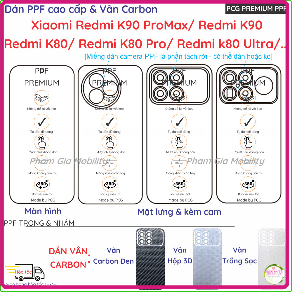 Dán PPF & Skin Carbon dành cho Xiaomi Redmi K90 K80 Pro Max ProMax/ Poco F8 Pro Ultra trong, nhám ch